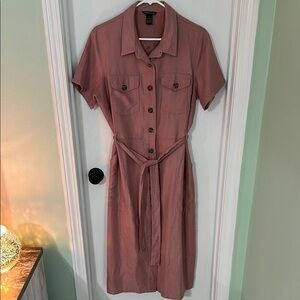 Mullenoum brand Mauve dusty rose pink button down waist tie dress